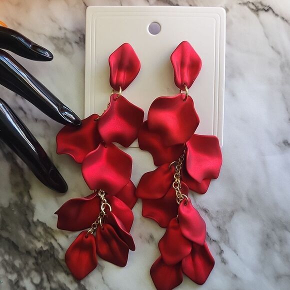 Red Rose Petal Long Earrings - Picture 8 of 15